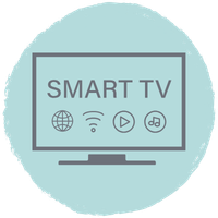 AltstadtZauber Apartments Miltenberg am Main - Icon eines Smart-TVs auf hellblauem Kreis, zeigt "SMART TV" und Symbole für WLAN, Internet, Video und Musik im Luxus-Apartment.