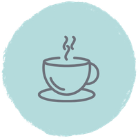 AltstadtZauber Apartments Miltenberg am Main - Schlichte Linienzeichnung einer dampfenden Kaffeetasse auf Untertasse vor hellblauem Kreis - Urlaub, Ferienwohnung, Luxusapartment.