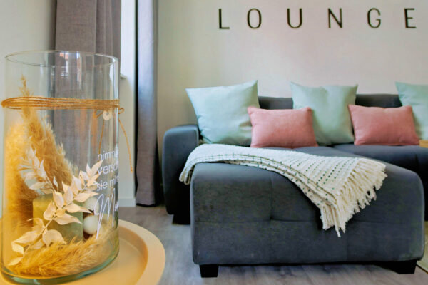 MainZauber Apartments früher MainTerrasse Miltenberg am Main - Gemütliches Wohnzimmer einer luxuriösen Ferienwohnung in der Altstadt mit grauem Sofa, stilvollen Kissen und modernem Dekor.