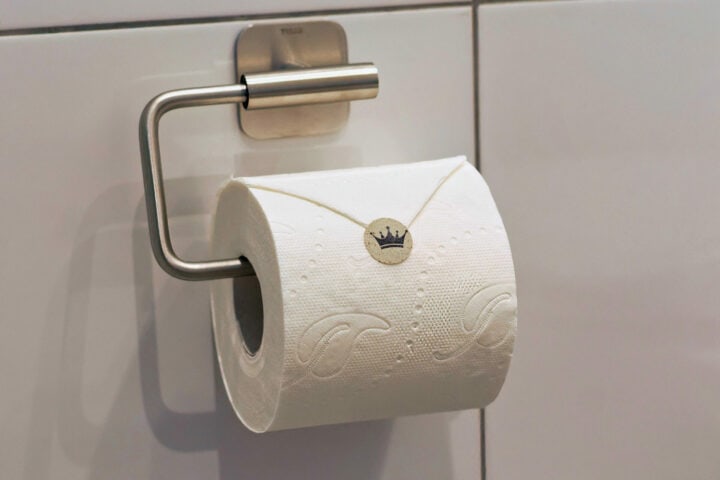 MainZauber Apartments früher MainTerrasse Miltenberg am Main - In der luxuriösen Ferienwohnung in der Altstadt hängt eine geprägte Toilettenpapierrolle auf modernem Halter im stilvollen Bad.