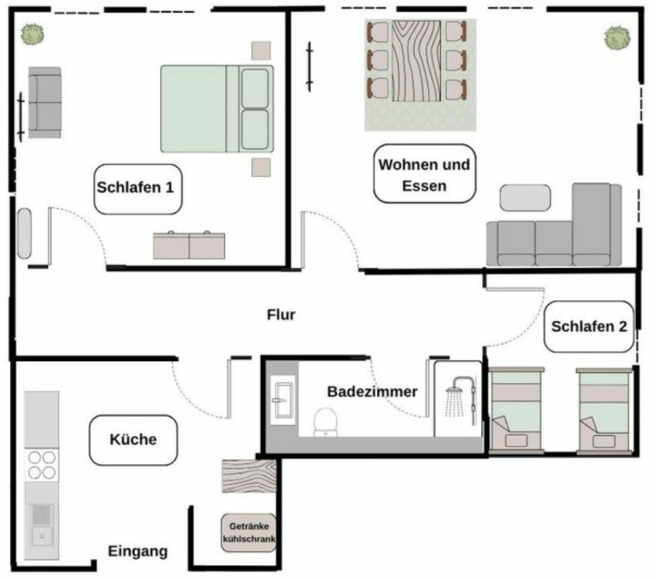 MainZauber Apartments früher MainTerrasse Miltenberg am Main - Grundriss einer Luxus-Ferienwohnung mit 2 Schlafzimmern, moderner Küche, Bad, Flur, großzügigem Wohn-/Essbereich und Eingang.